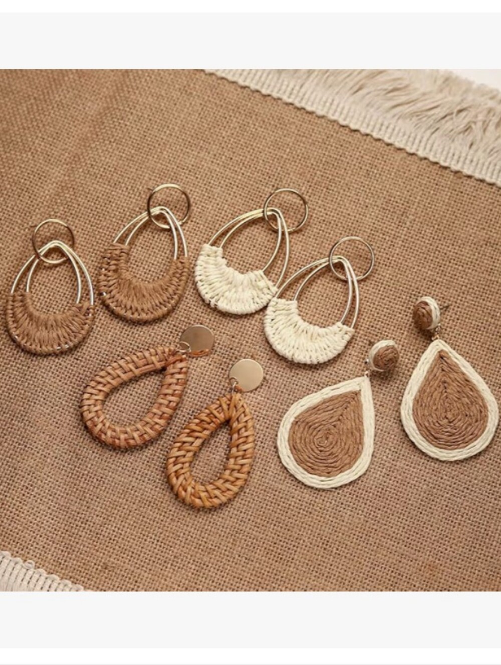NWT 4 Pairs Handmade Raffia Rattan Teardrop Statement Hoop Earring Set Summer